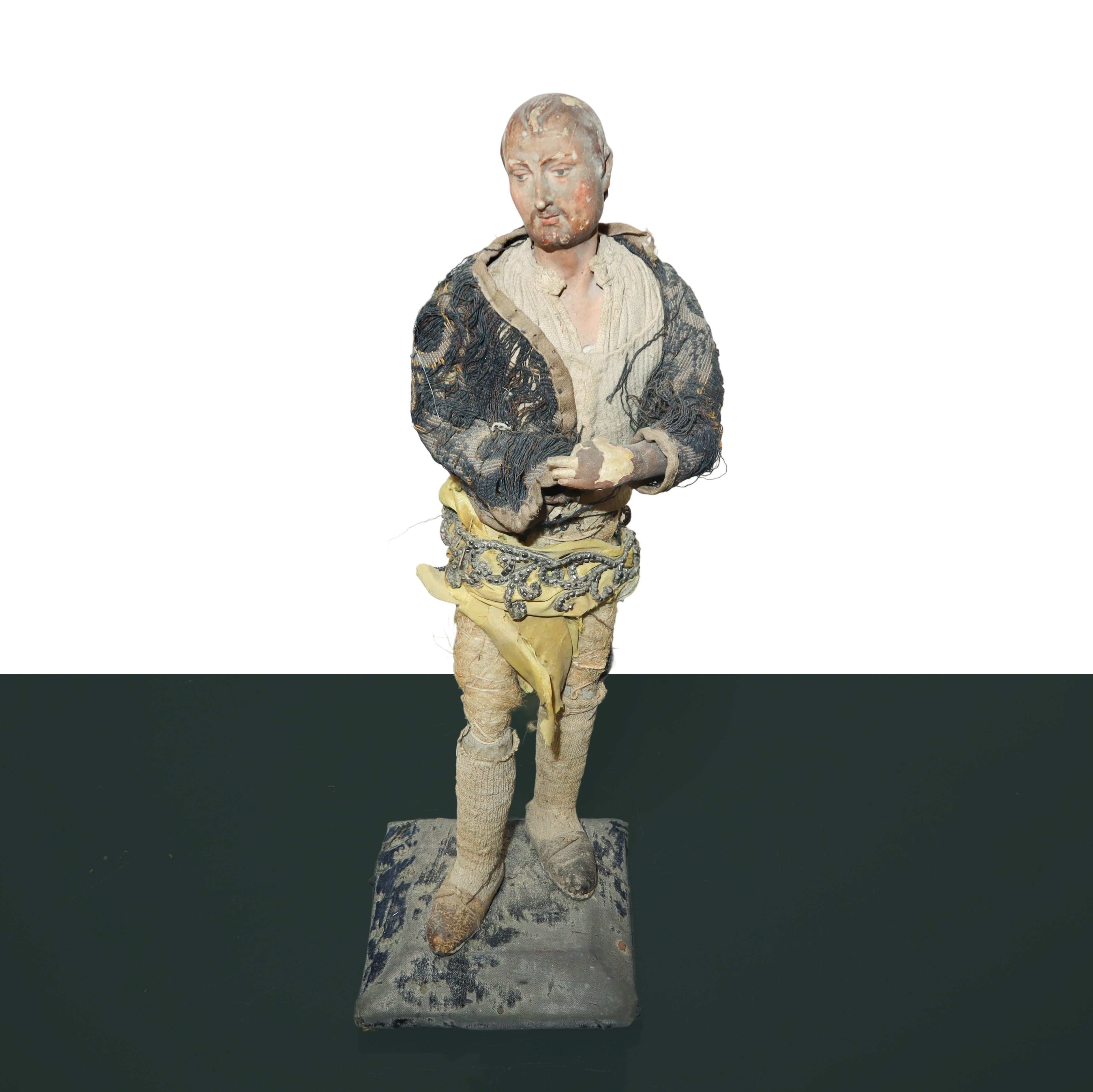 N°3 Statue di pastori genovesi con busto mani e piedi in terracotta, occhi dipini e abiti in tess...
