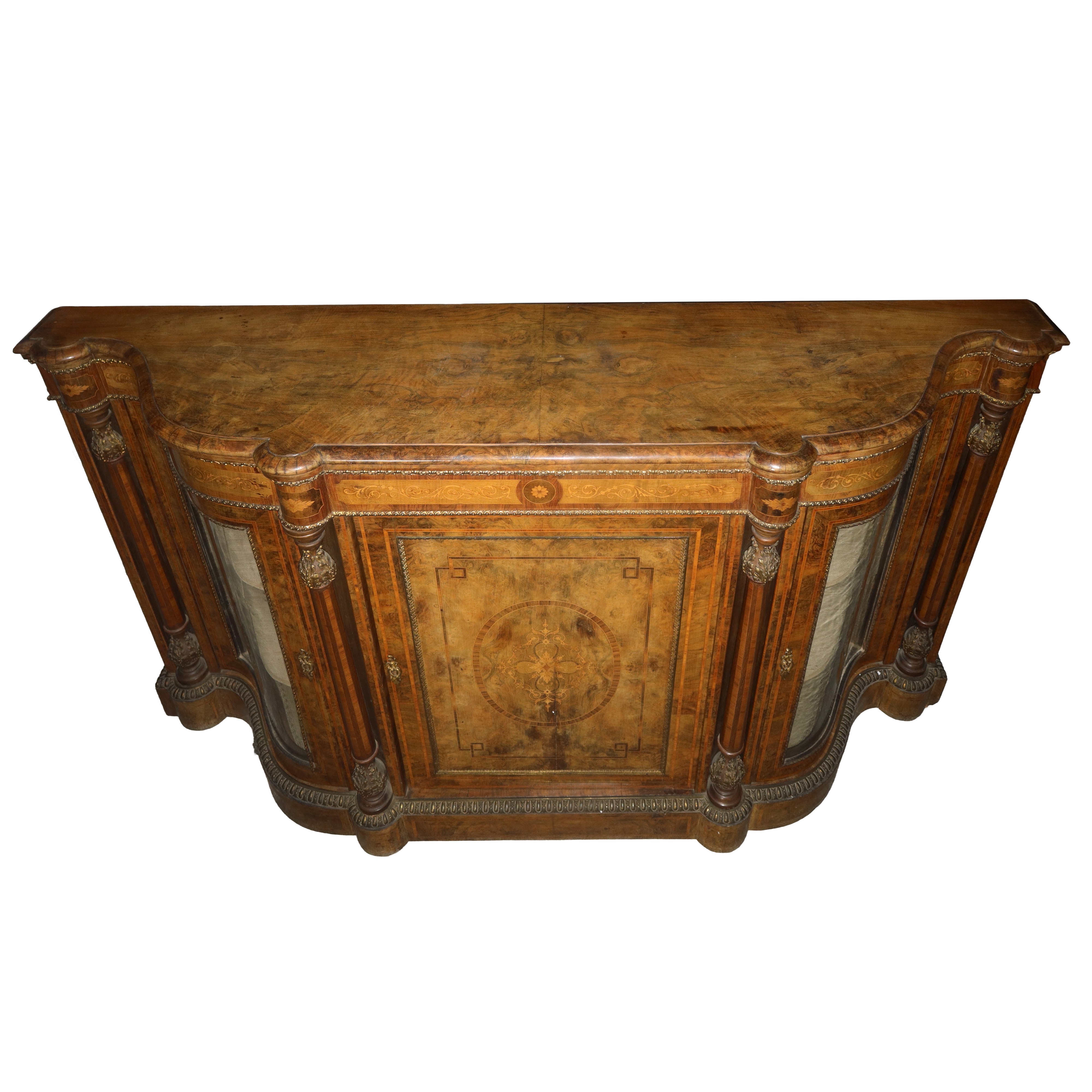 Credenza bassa Vittoriana sportello centrale ai lati sportelli in vetro bombato in radica di noce