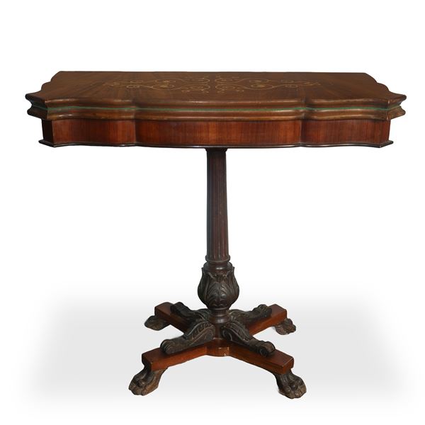 Rosewood game table with light inlays on the top and 4-star base