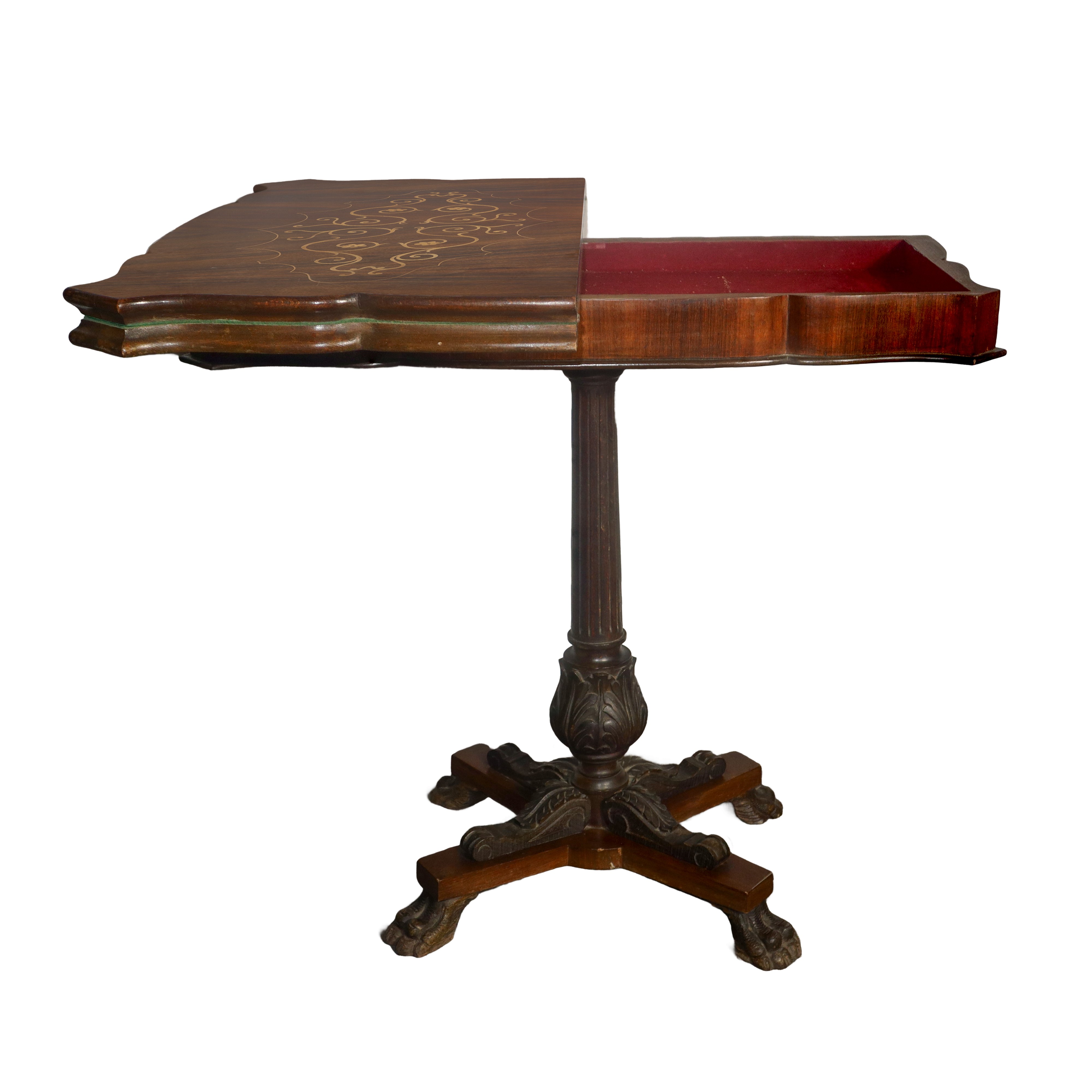 Tavolo da Gioco in Legno di Palissandro con Intarsi Chiari al Piano e Piede a 4 Razze