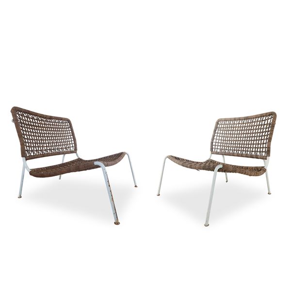 Piero Lissoni  per Living Divani - Coppia di poltrone modello Frog con struttura in metallo e seduta in cuoio intrecciato