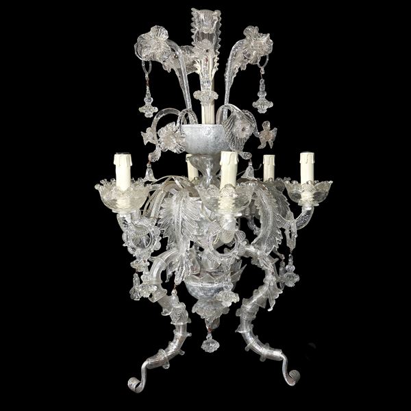 White Carezzonico Murano glass flambeau with 7 flames and three-spoke base 