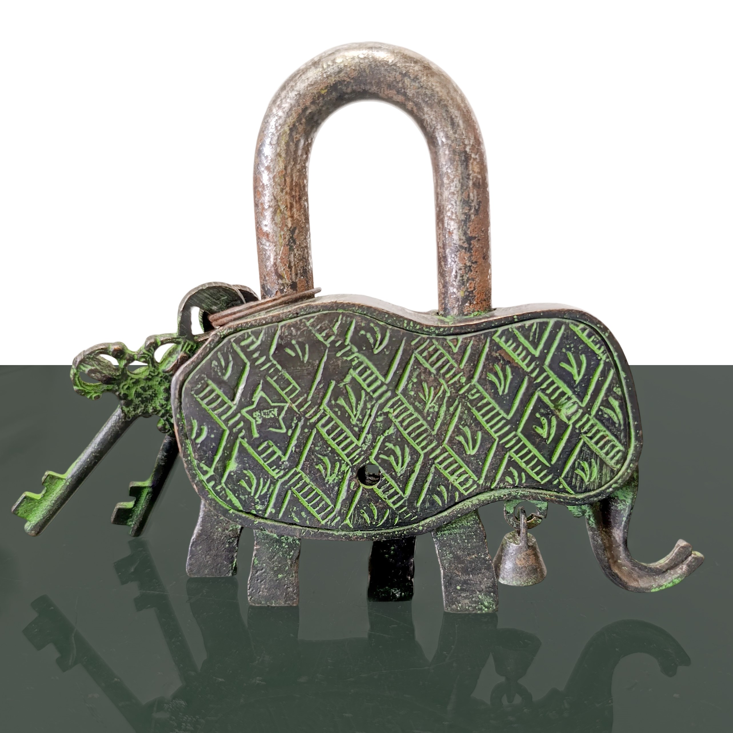 Lucchetto amuleto con elefante e due chiavi