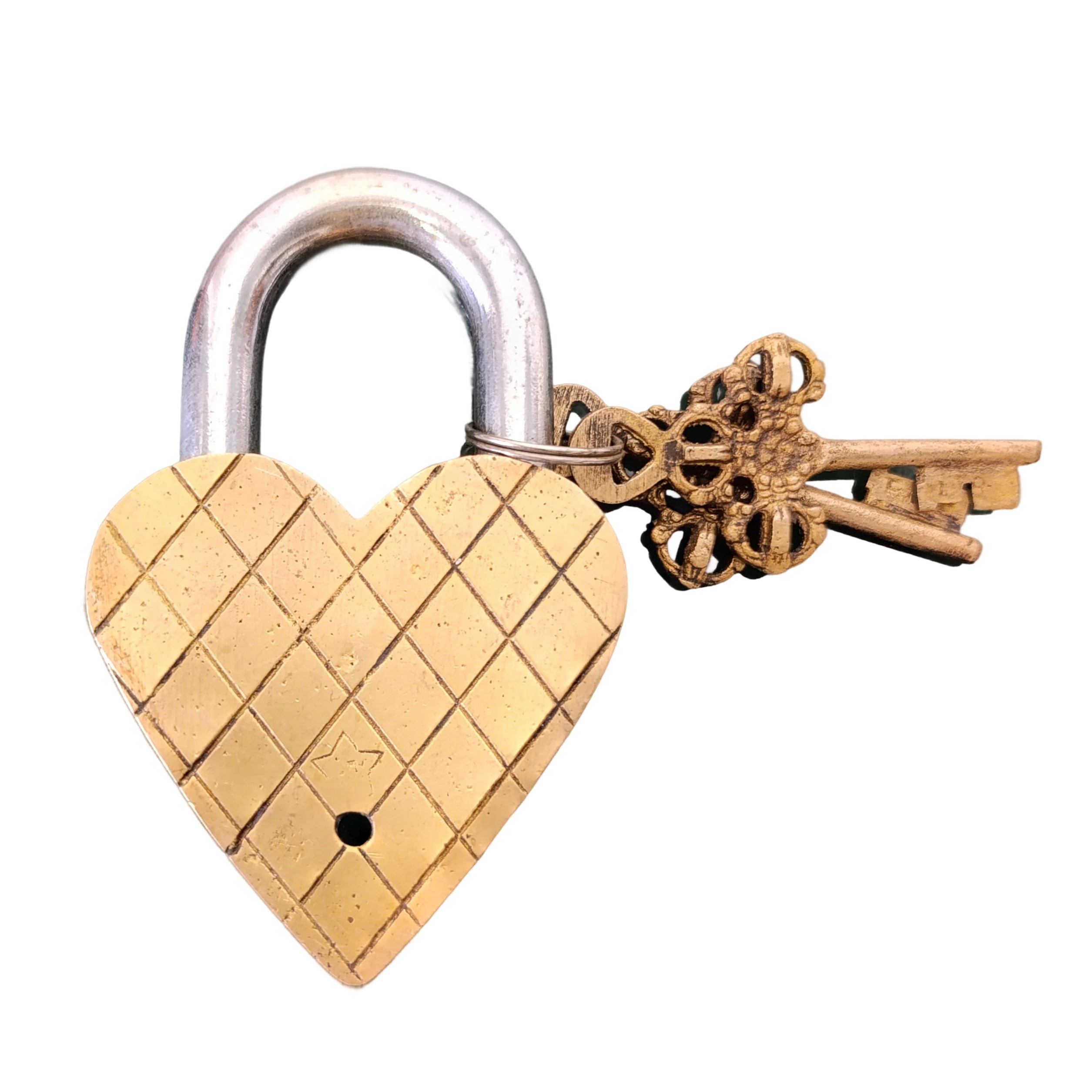 Lucchetto a forma di cuore con chiavi e uccelli incisi sul fronte
