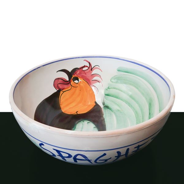 Spaghettiera in maiolica con gallo