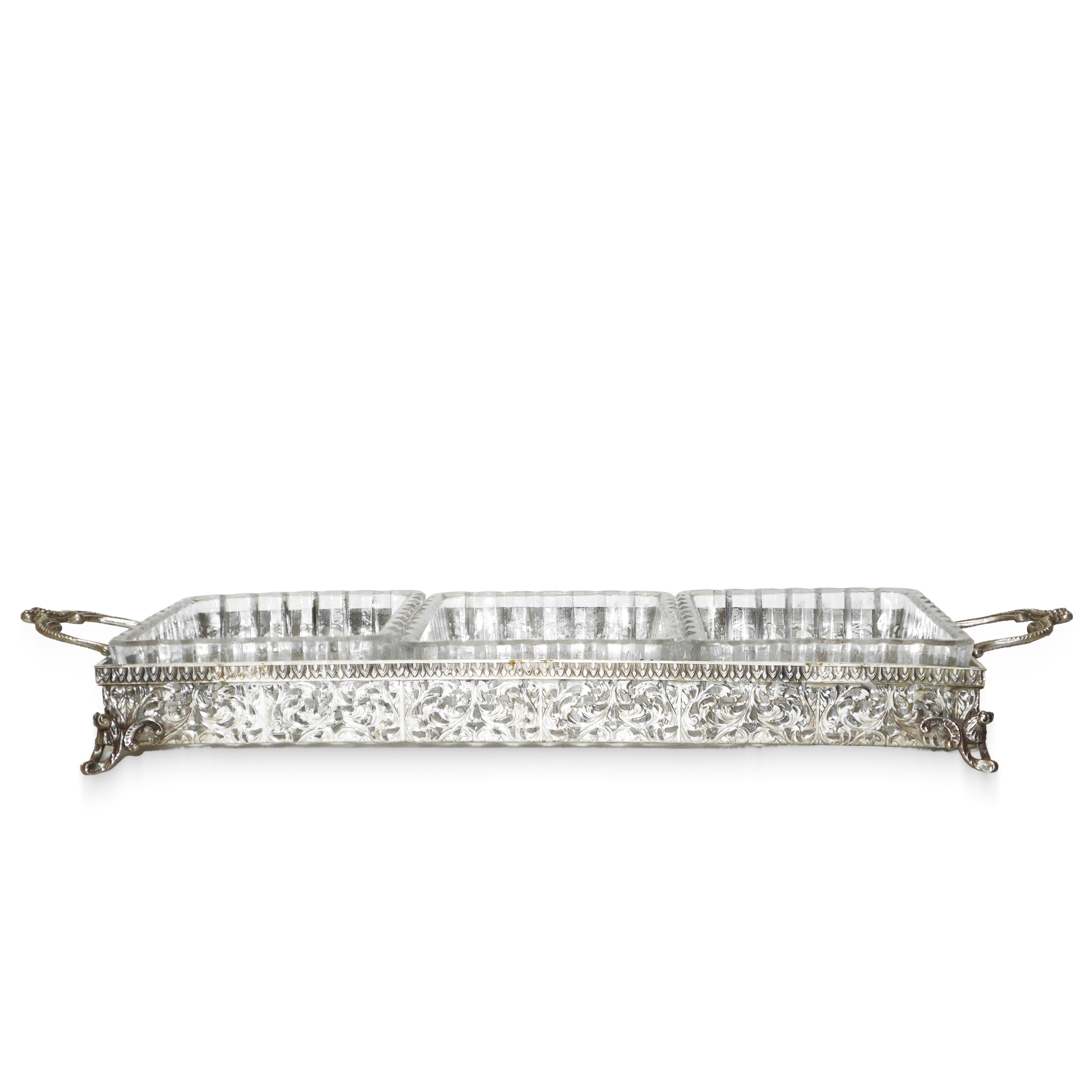 Antipastiera con ciotoline rettangolari e struttura in argento 800