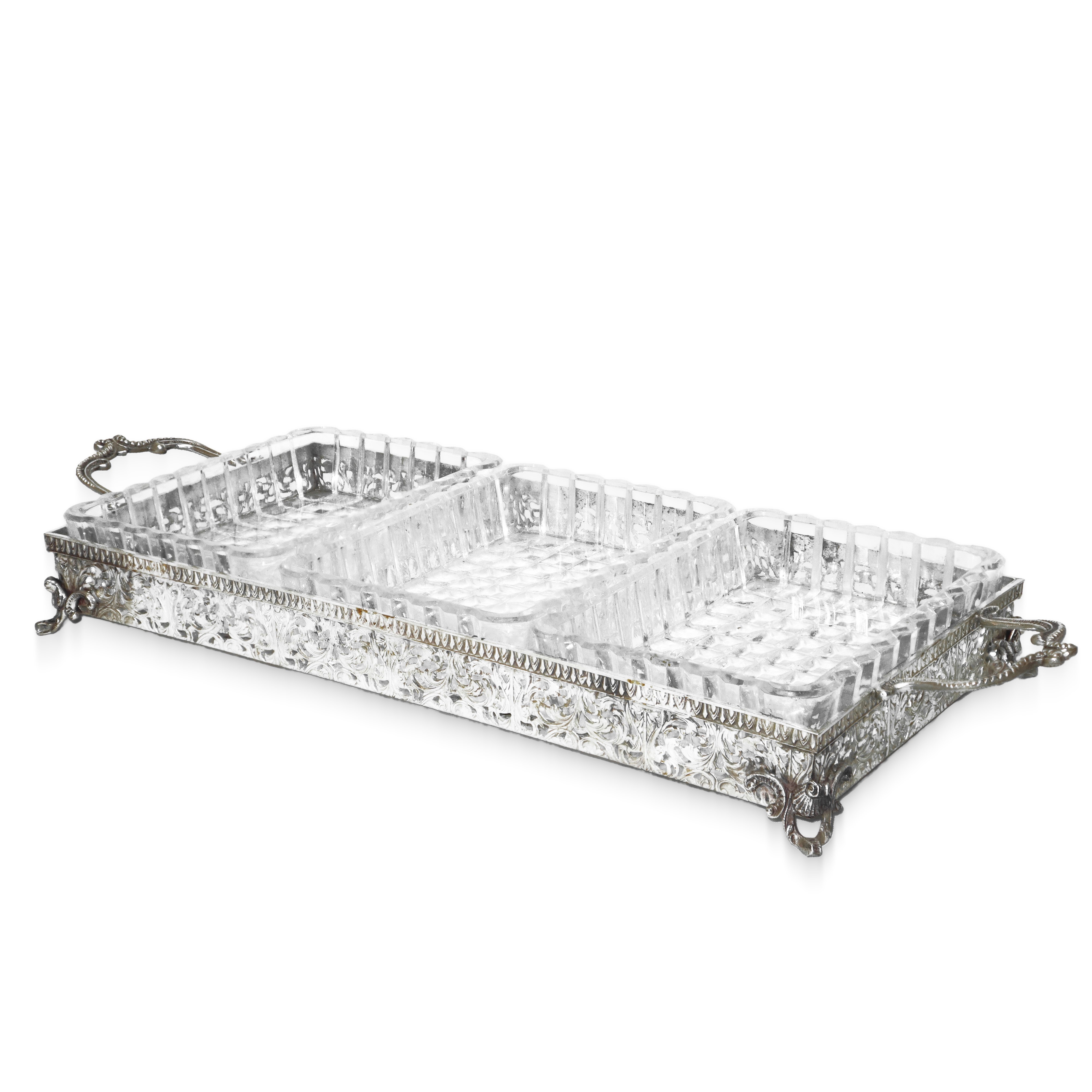 Antipastiera con ciotoline rettangolari e struttura in argento 800