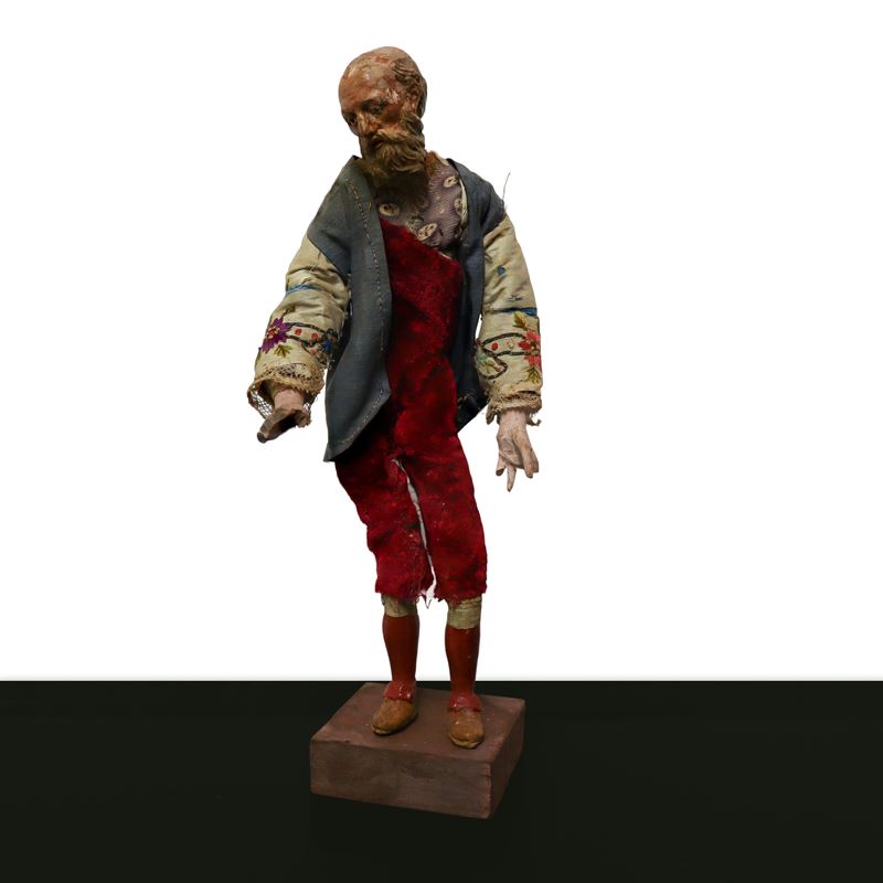Pastore presepiale napoletano, terracotta e tessuto, altezza cm 36