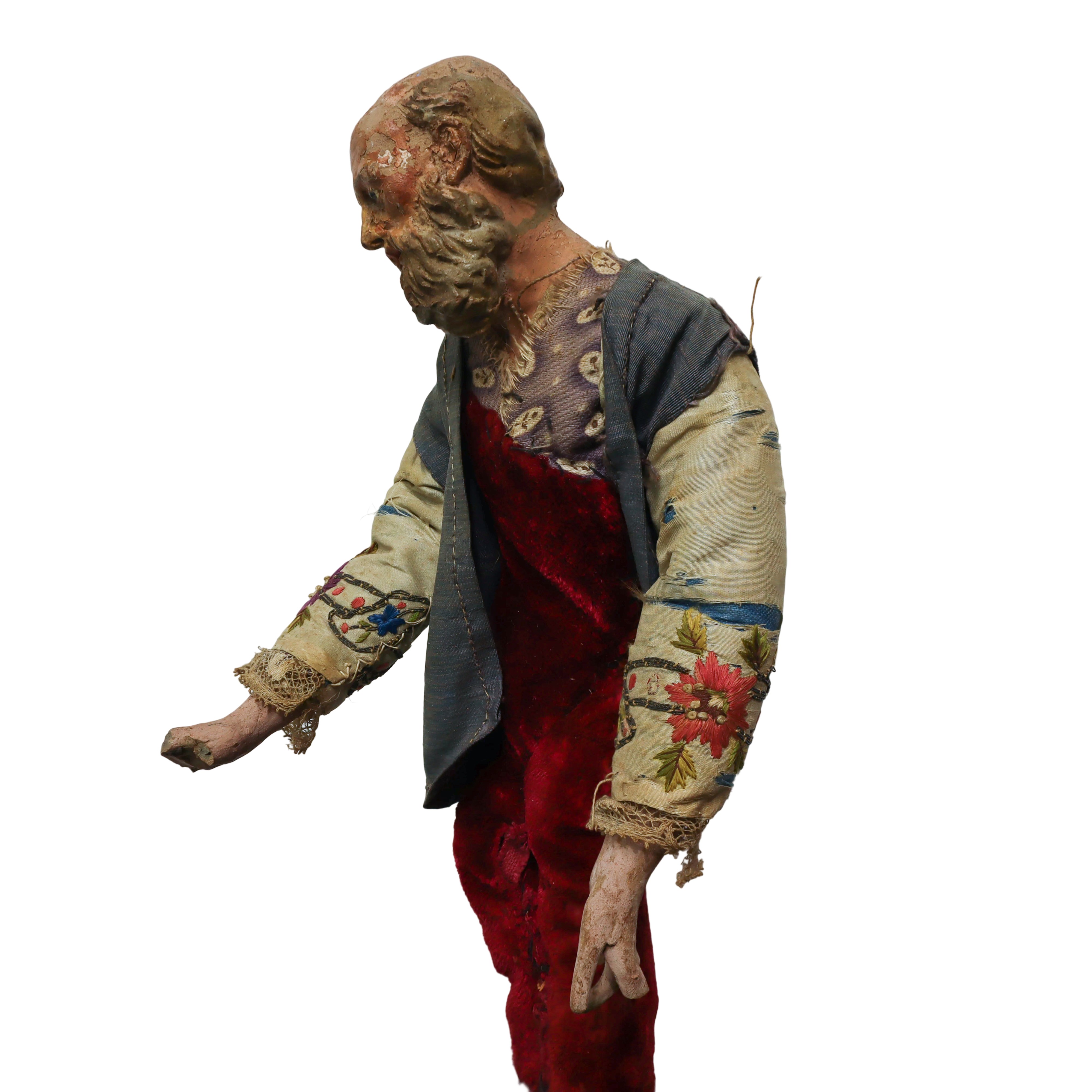 Pastore presepiale napoletano, terracotta e tessuto, altezza cm 36
