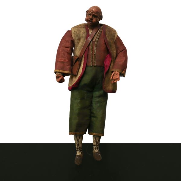 Pastore presepiale napoletano con volto mani e gambe in terracotta e abiti in tessuto