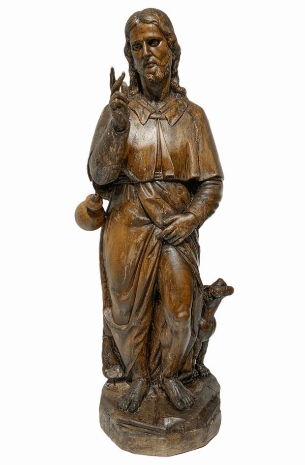 Wooden statue of Saint Rocco with the dog, the seventeenth century Italian sculptor. H cm 125. Circular base 44 cm