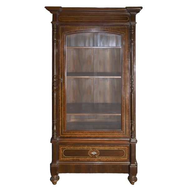 Glass sideboard in rosewood, maple and boxwood with columns on the sides