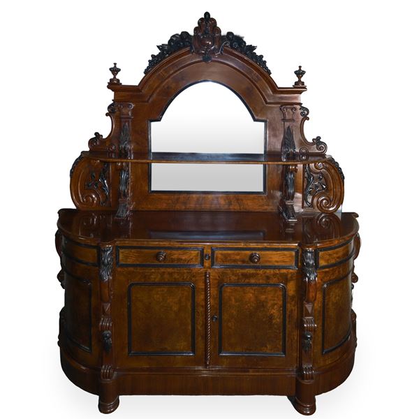 Large walnut and briar plate rack with Louis Philippe mirrored stand, applied sculptures and carvings