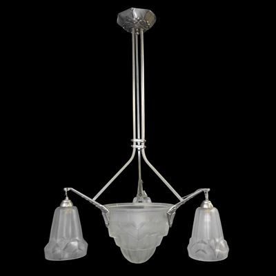Lampadario a Sospensione Art Decò Francese, in Vetro Sabbiato con Geometrie