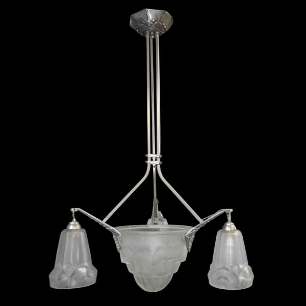 Lampadario a sospensione Art Decò francese, in vetro sabbiato con geometrie