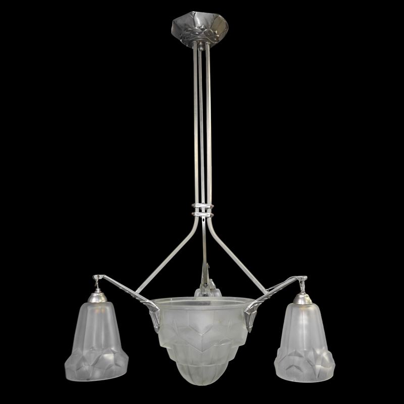 David Gueron Degue & A. Petitot - Lampadario a Sospensione Art Decò Francese, in Vetro Sabbiato c...