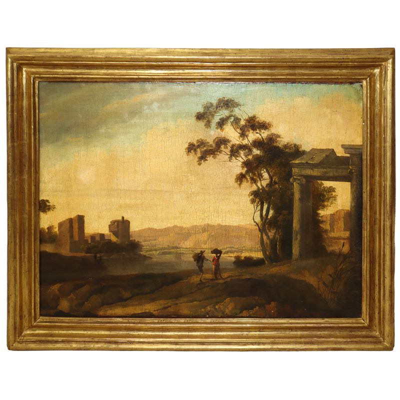 Paesaggio fluviale con quinta arborea, architetture e personaggi in cammino.