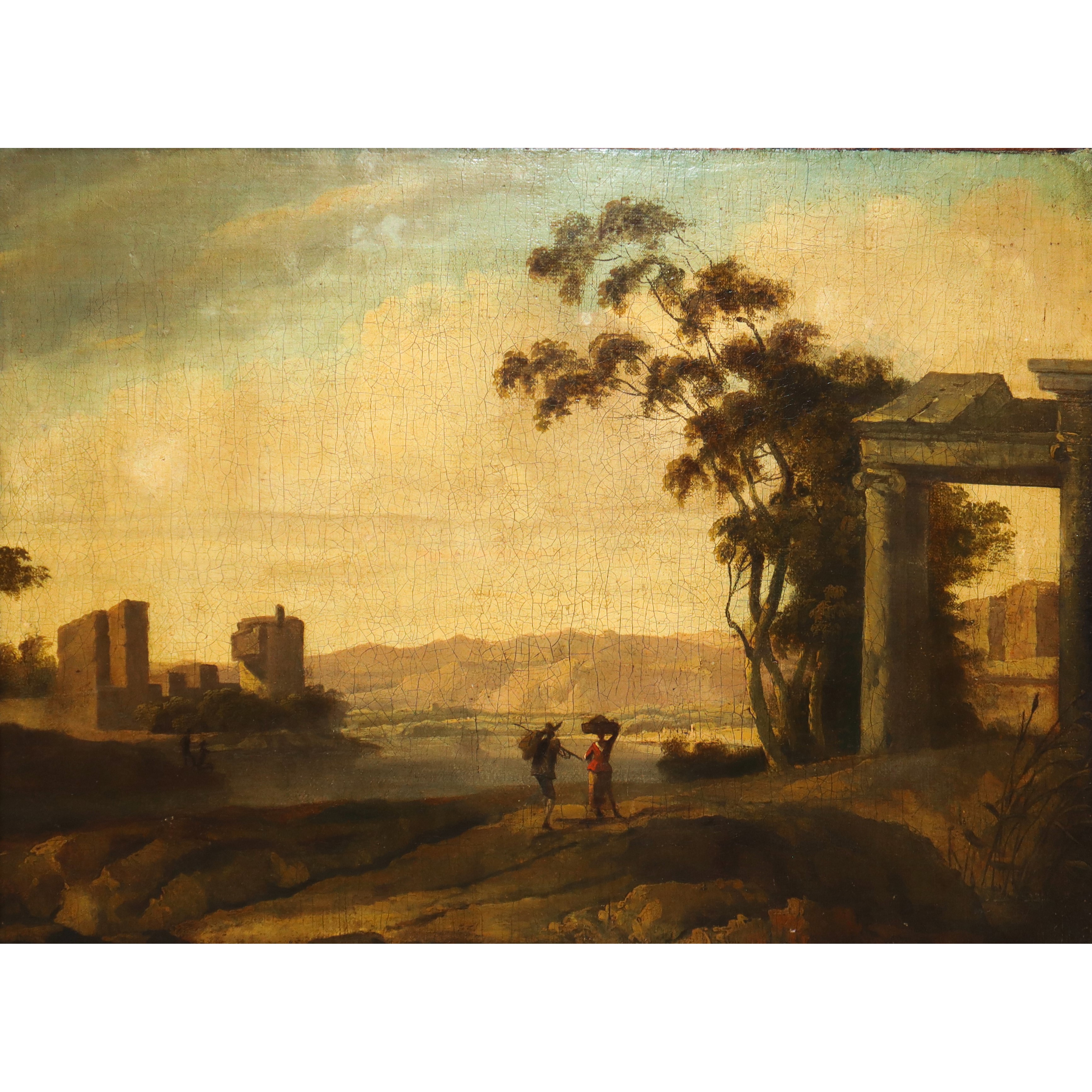 Paesaggio fluviale con quinta arborea, architetture e personaggiin cammino.