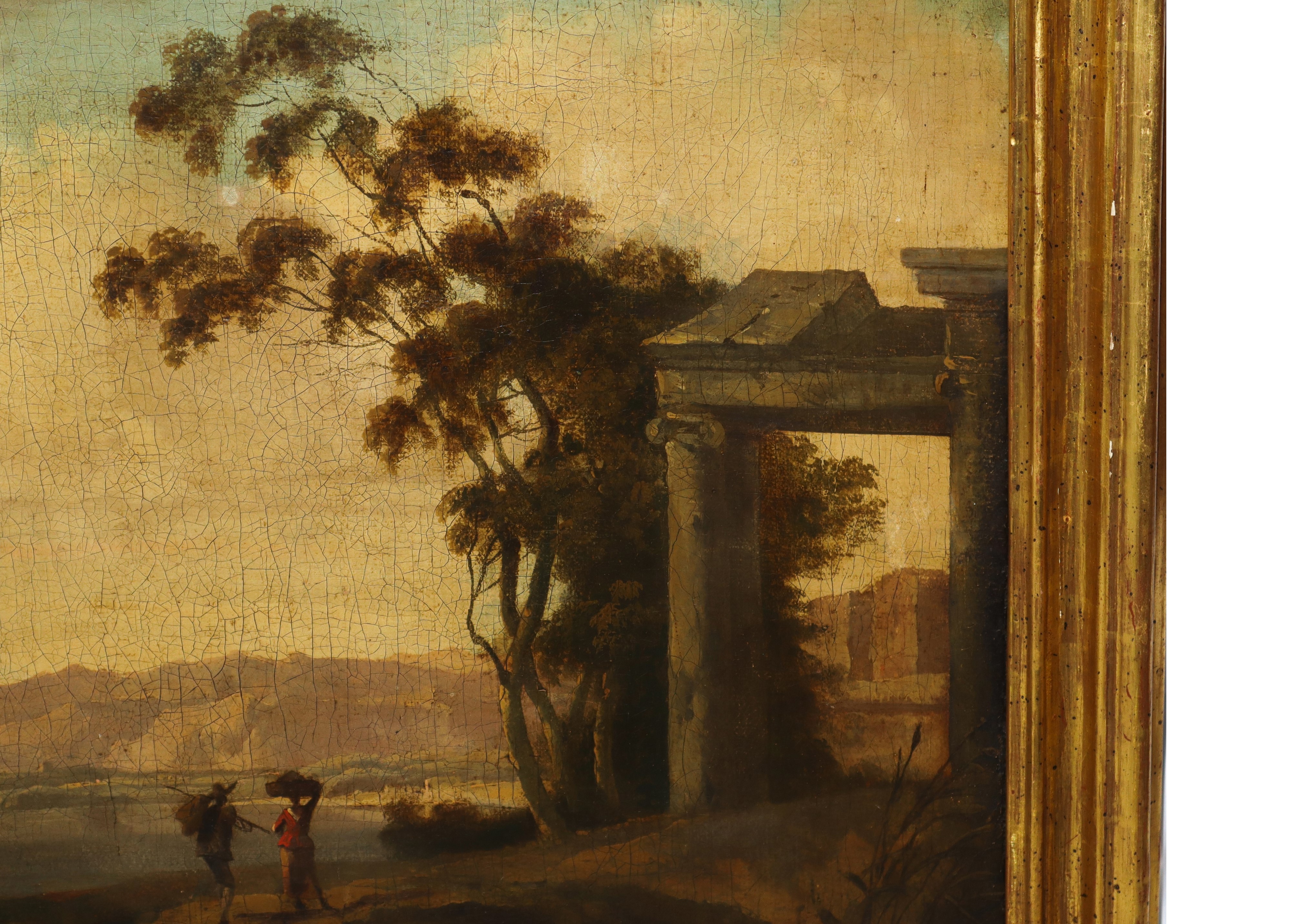 Paesaggio fluviale con quinta arborea, architetture e personaggi in cammino.