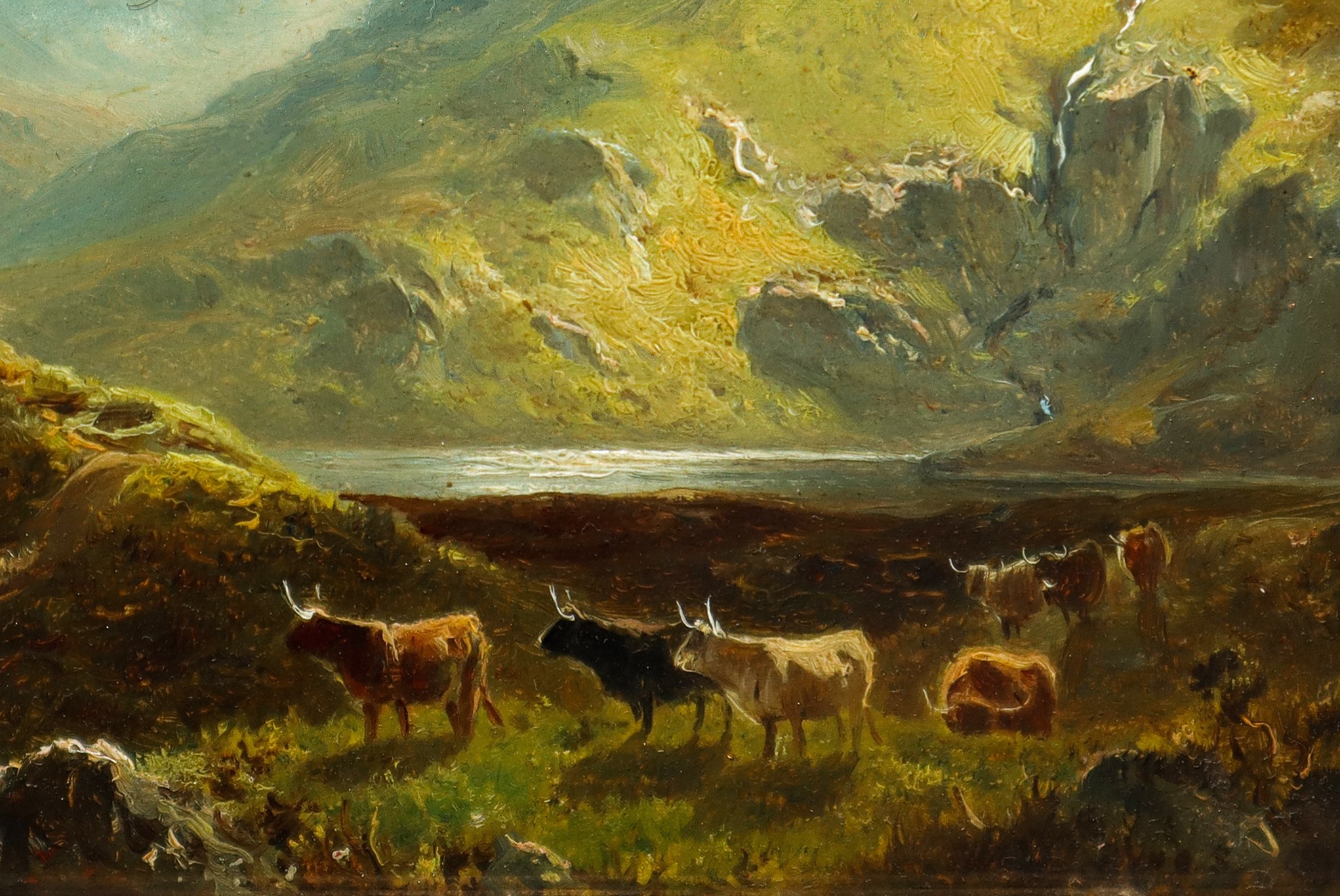 Paesaggio montano con lago e animali