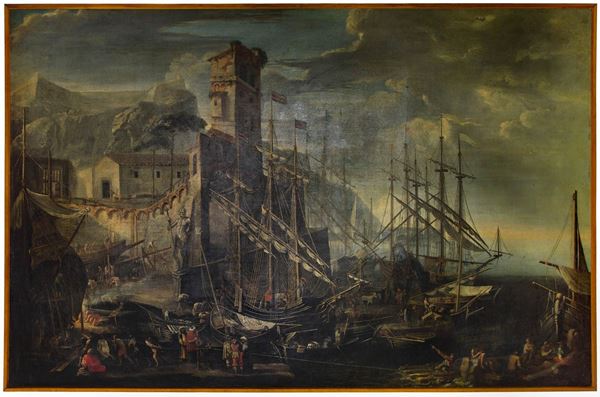 Cornelis  De Wael - Capriccio of a fortified port with arsenal and characters 