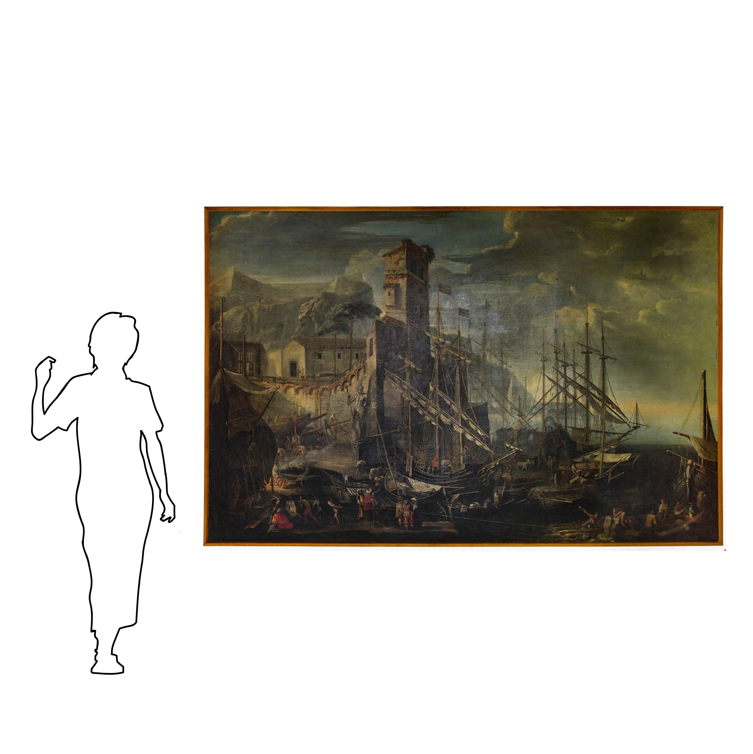 Capriccio di un porto fortificato con arsenale e personaggi