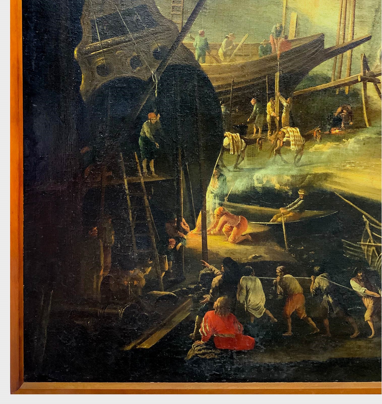 Capriccio di un porto fortificato con arsenale e personaggi