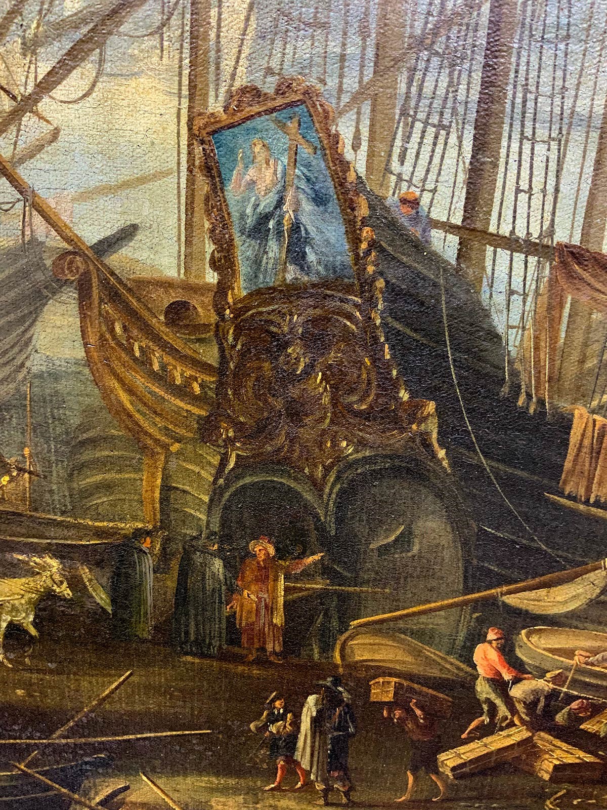 Capriccio di un porto fortificato con arsenale e personaggi