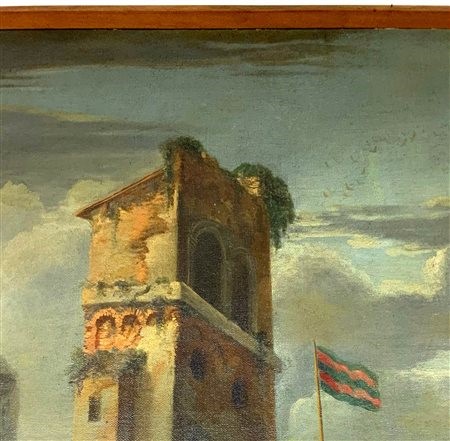 Capriccio di un porto fortificato con arsenale e personaggi