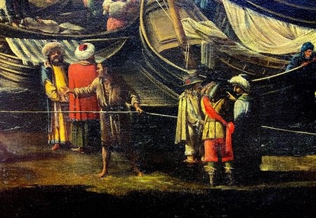 Capriccio di un porto fortificato con arsenale e personaggi