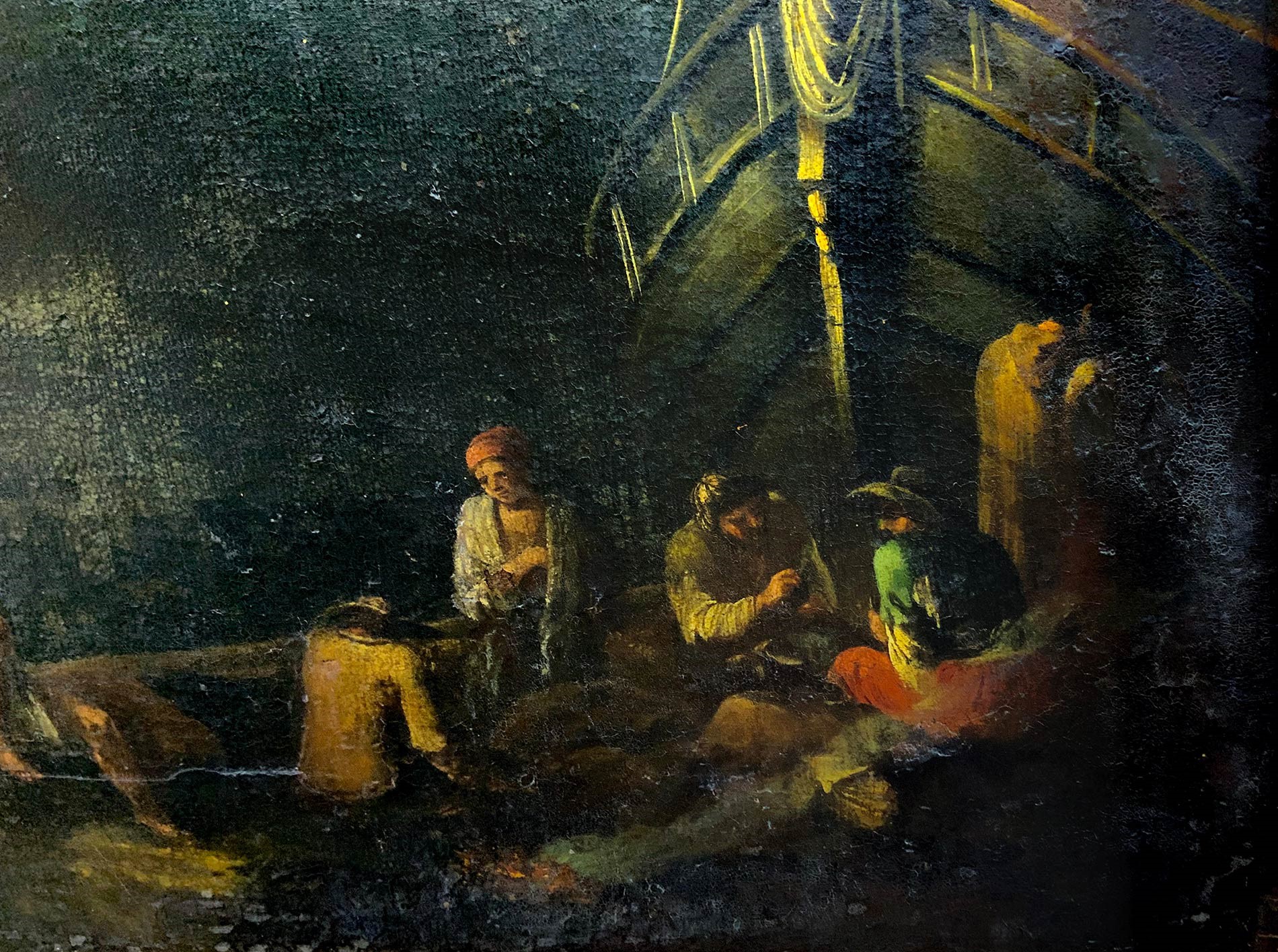 Capriccio di un porto fortificato con arsenale e personaggi