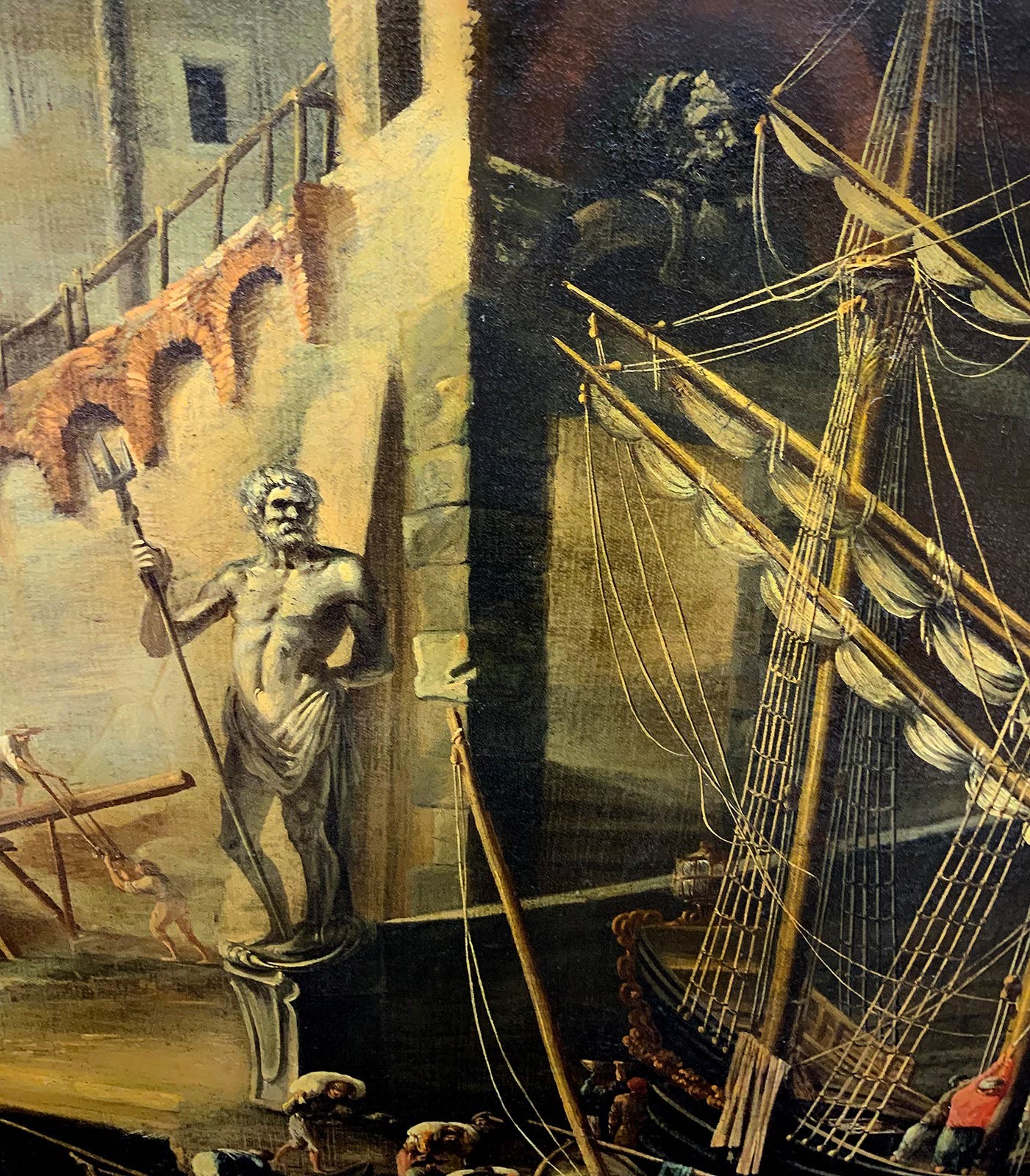 Capriccio di un porto fortificato con arsenale e personaggi