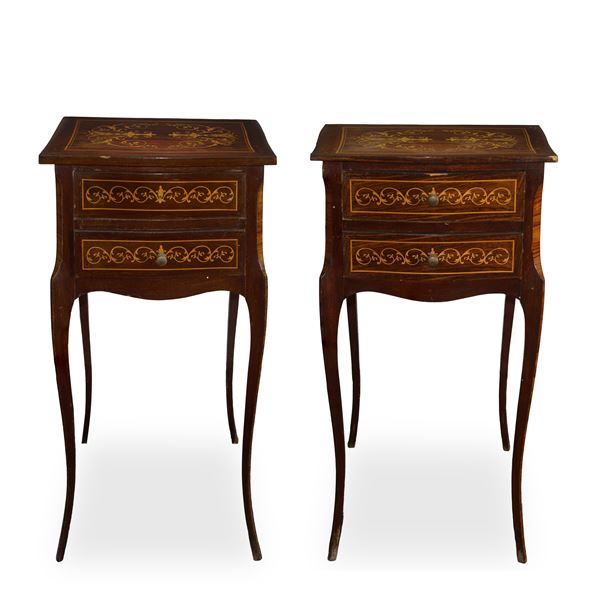 Pair of inlaid rosewood and boxwood bedside tables with two drawers
