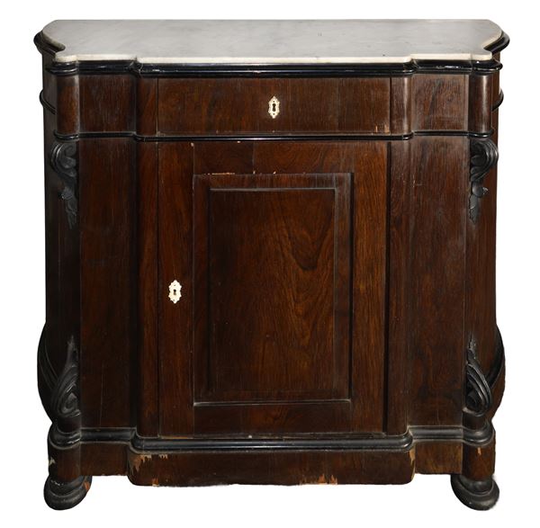 Etagere with white marble on the top, drawer under the top and door
