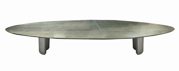 Tasty, conference table, Design Giovanni Offeri. 90s, floor with wooden structure consisting of four parts covered in briar ...