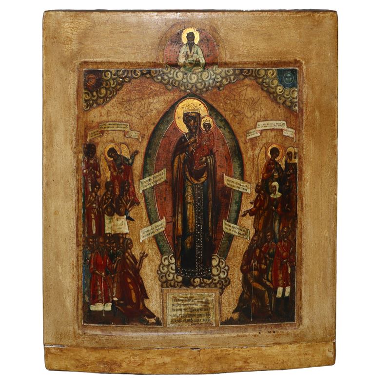 Icona russa raffigurante Madonna degli afflitti con bambino in braccio