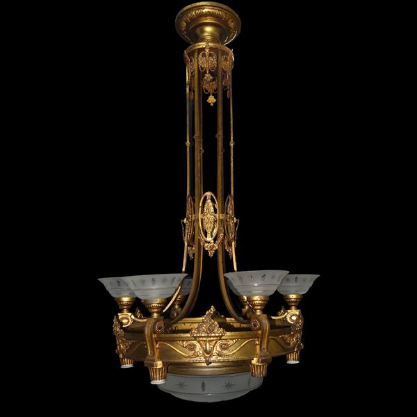 6-light chandelier with two central lights in gold metal with cut and carved glass cups