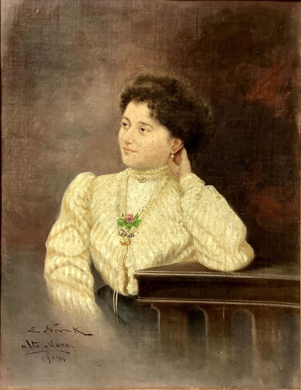 Dipinto ad olio su tela applicata a cartone, raffigurante donna, firmato in basso a sinistra E. Nowak, “alto mare” e datato 1904. Cm 42x30, in cornice cm 57x45