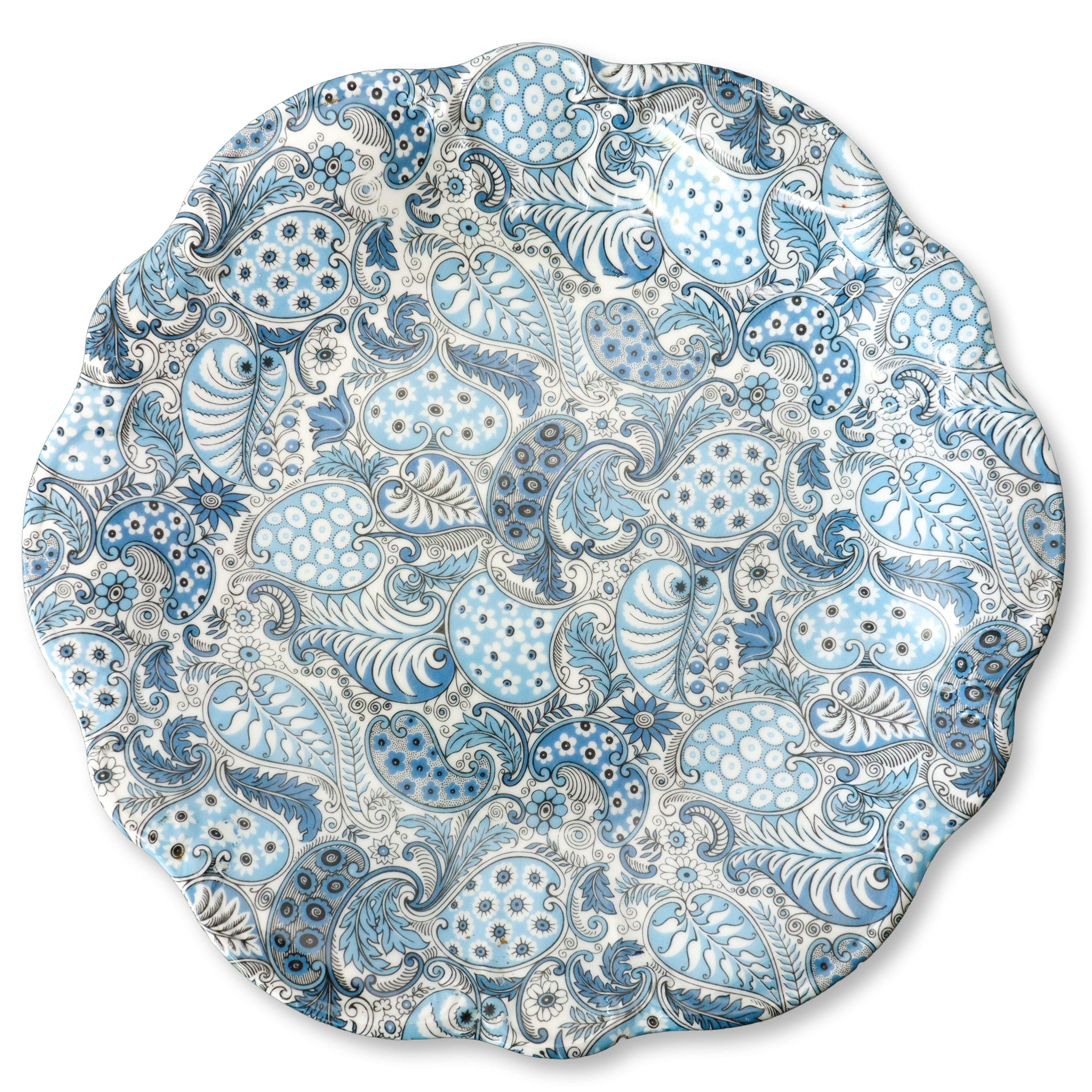 Zuppiera con sottopiatto con fondo bianco e motivi decorativi floreali azzurri e blu