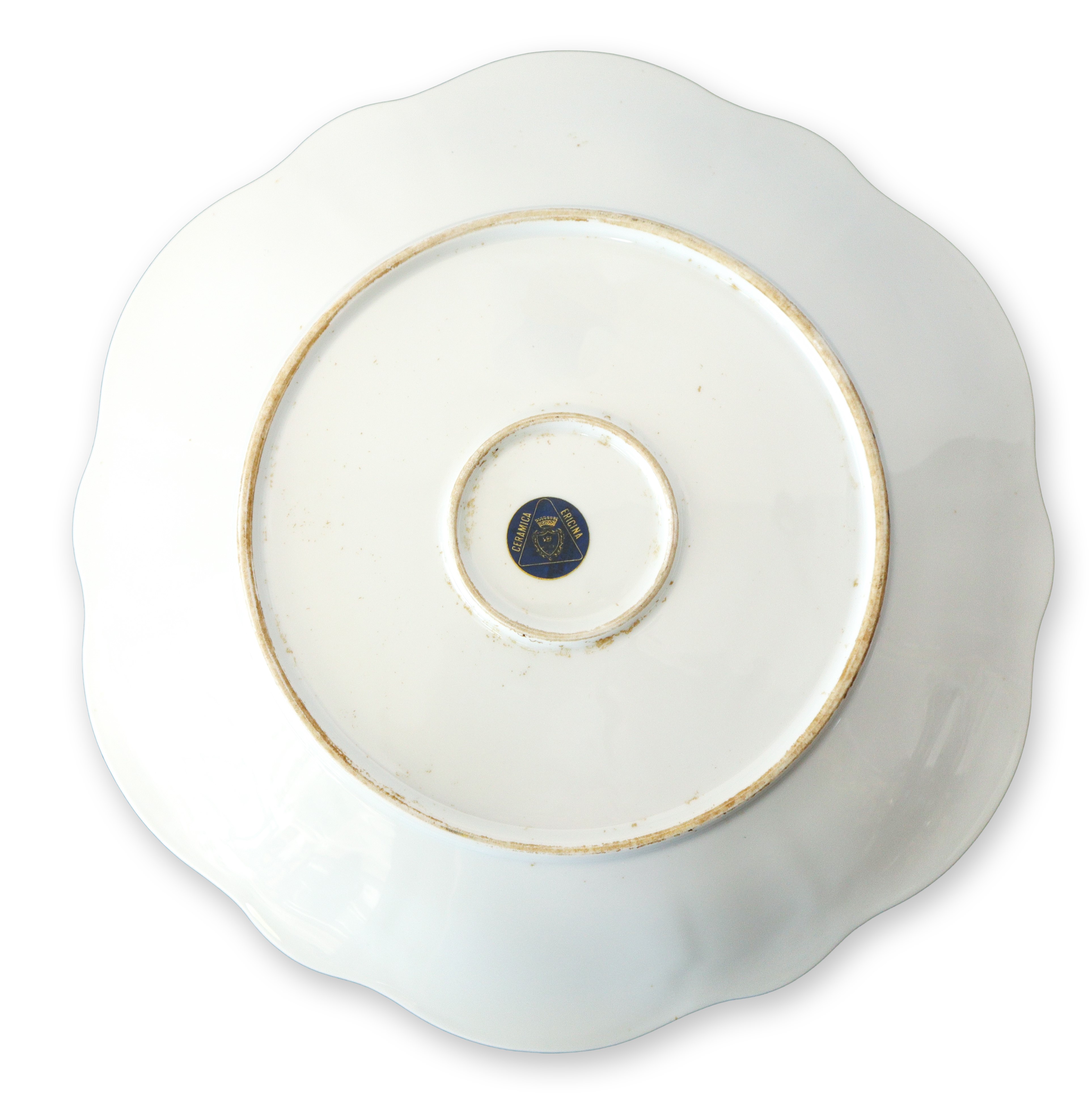 Zuppiera con sottopiatto con fondo bianco e motivi decorativi floreali azzurri e blu