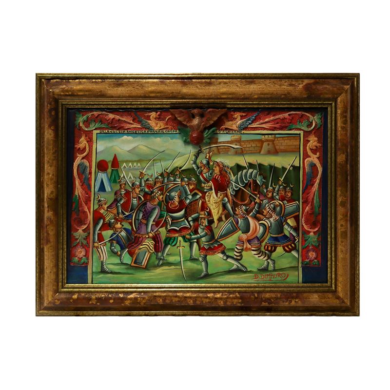 Pannello in legno con scena dei paladini "Orlando con Angelica passa il campo d'Agricane"
