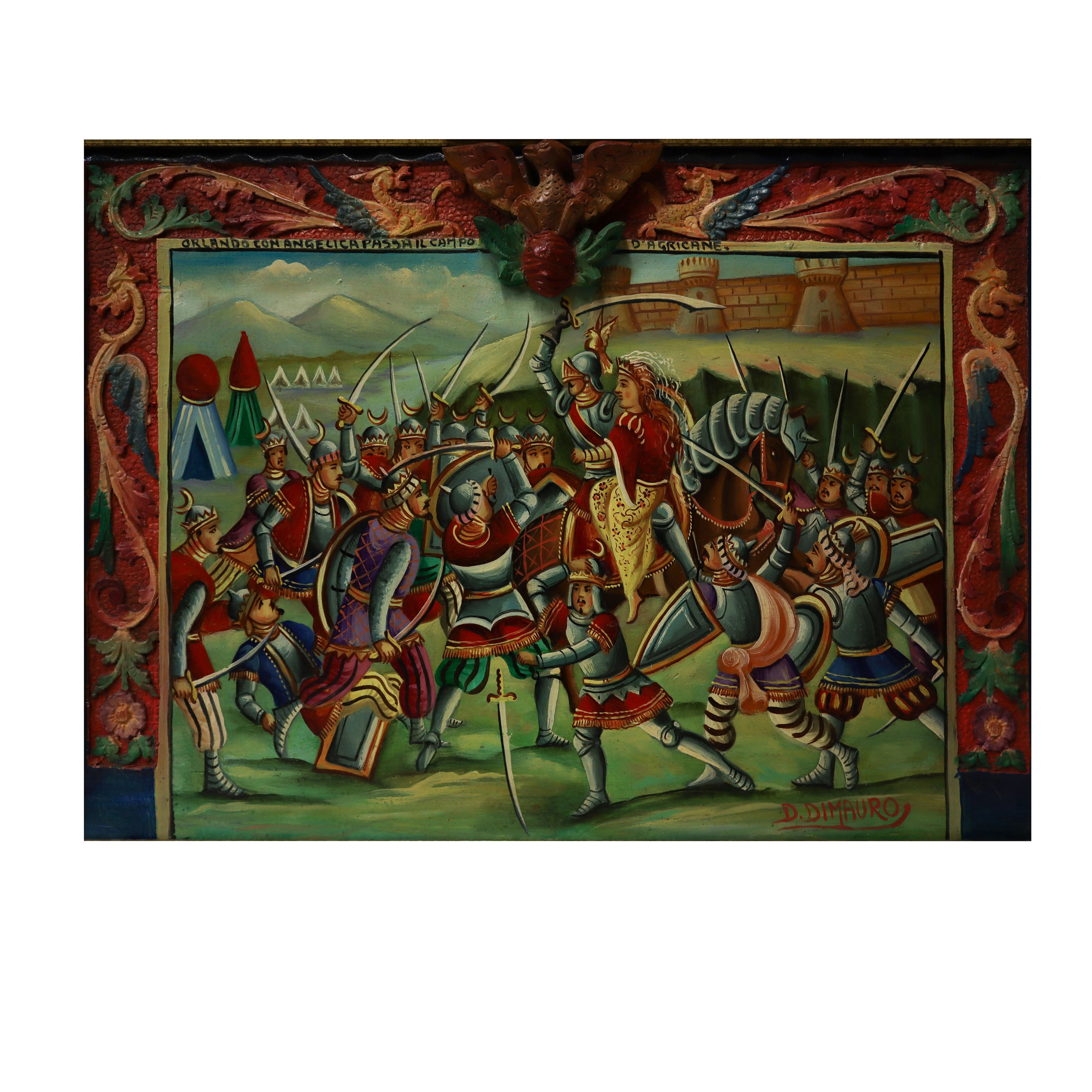 Pannello in legno con scena dei paladini "Orlando con Angelica passa il campo d'Agricane"