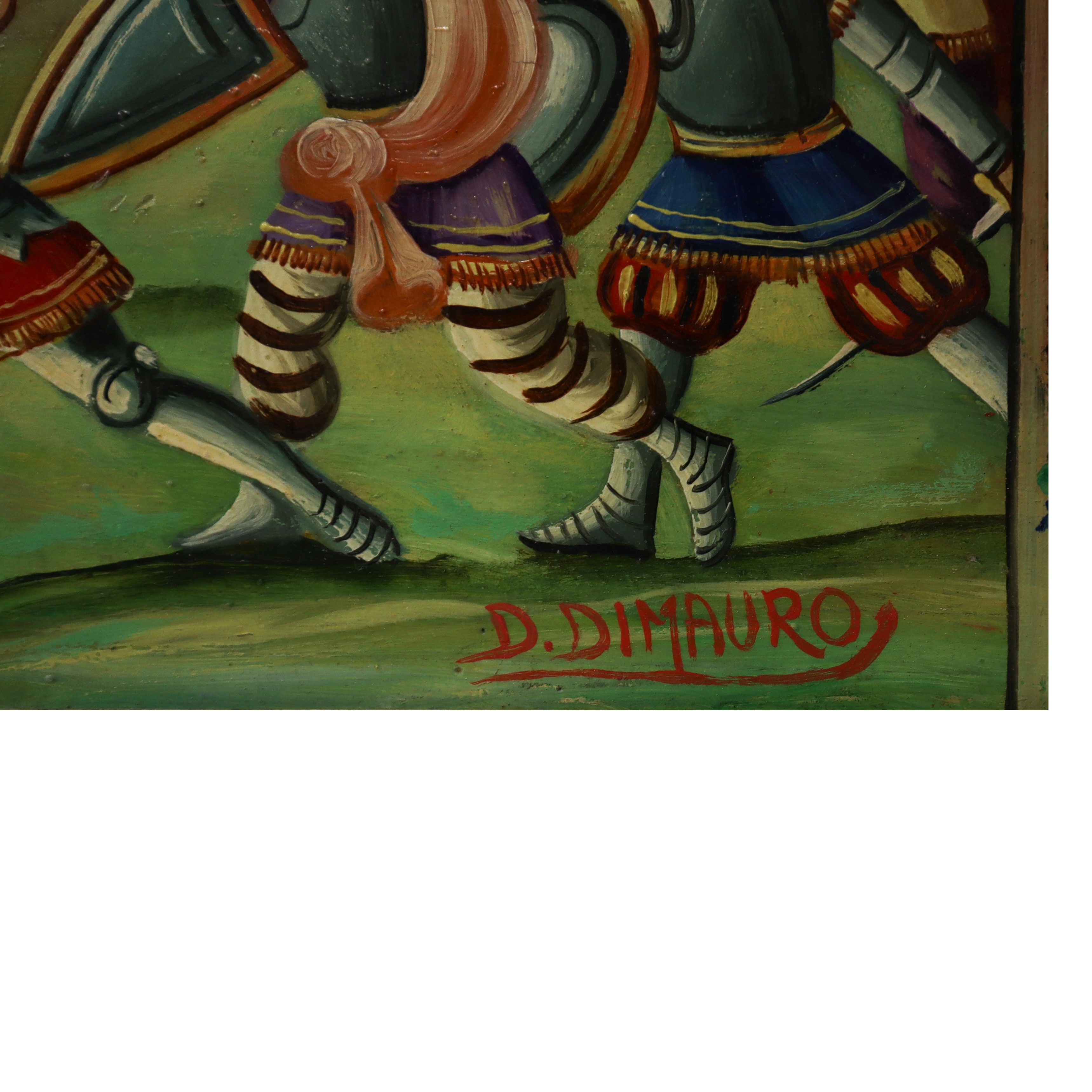 Pannello in legno con scena dei paladini "Orlando con Angelica passa il campo d'Agricane"