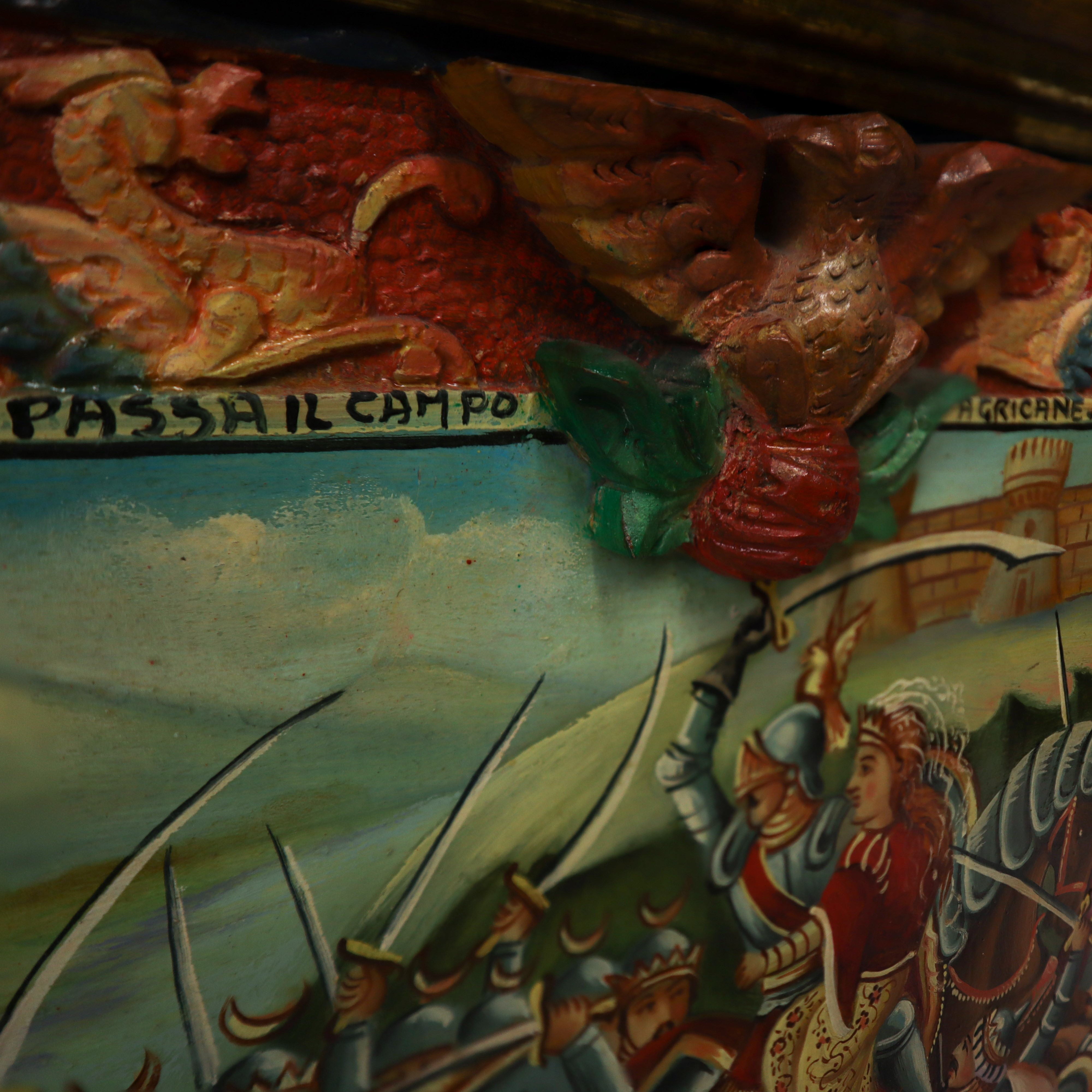 Pannello in legno con scena dei paladini "Orlando con Angelica passa il campo d'Agricane"