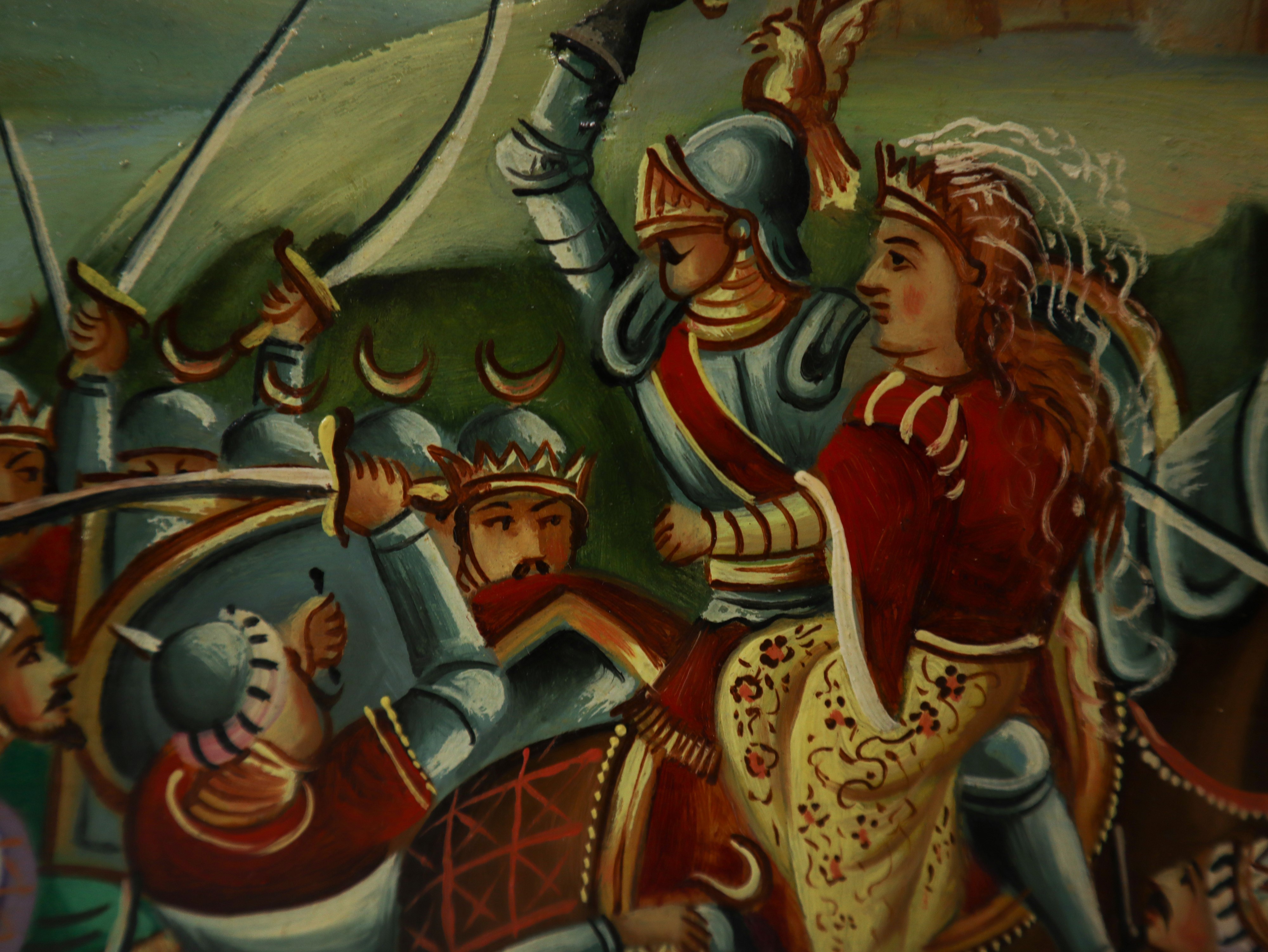 Pannello in legno con scena dei paladini "Orlando con Angelica passa il campo d'Agricane"