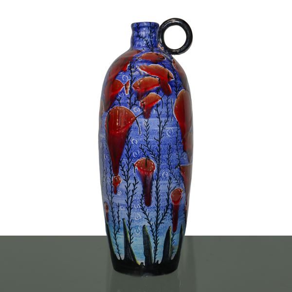 P.Romano  Caltagirone - Caltagirone ceramic pourer glazed and painted in polychrome with poppies