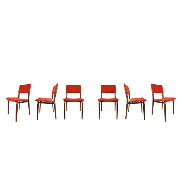 Eugenio  Gerli per tecno - N°6 chairs model S82 with wooden structure, aluminium details and fabric covering