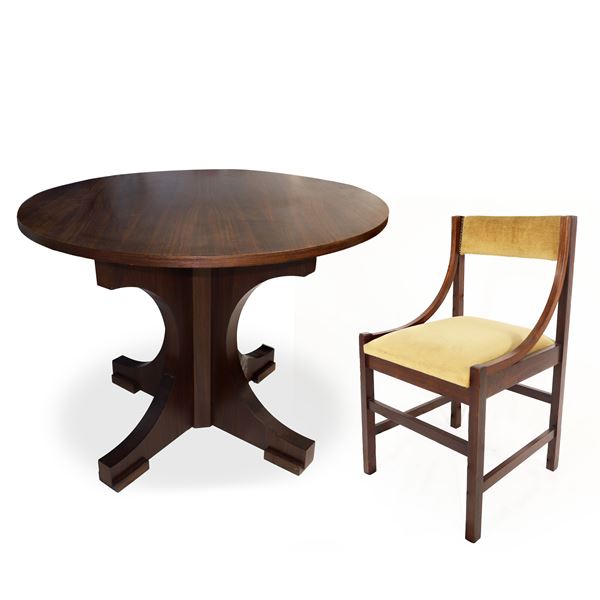 Teak table with 4 chairs with beige upholstery