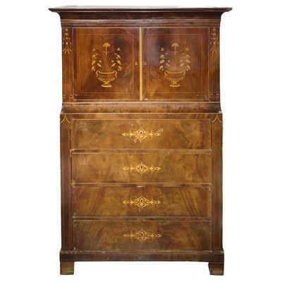 Chiffonier in Legno di Mogano con Intarsi sul Fronte e Filettata ai Lati