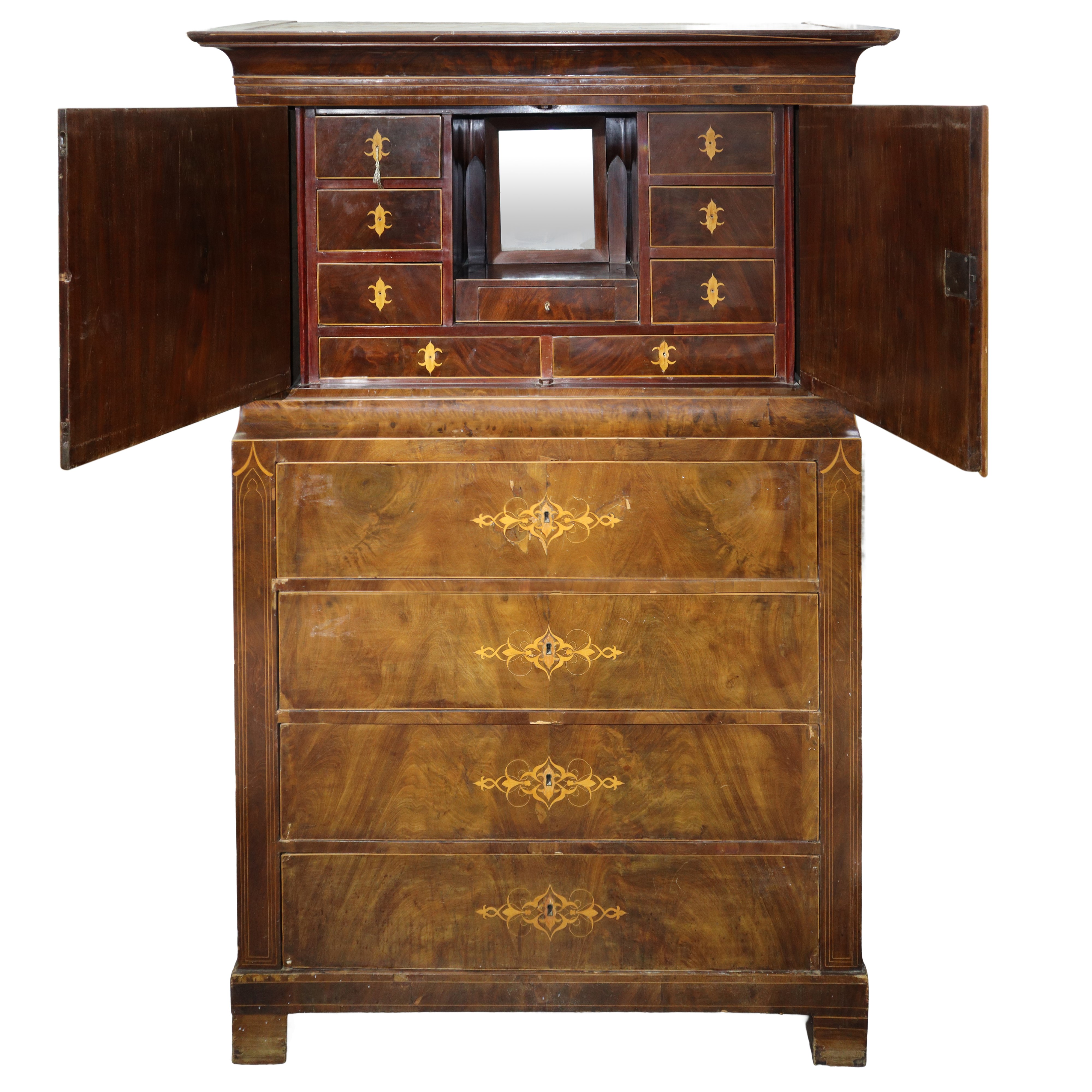 Chiffonier in Legno di Mogano con Intarsi sul Fronte e Filettata ai Lati